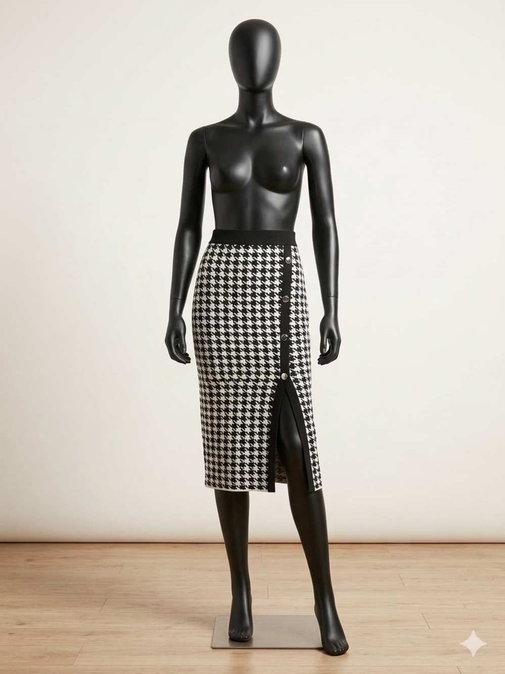 Black & White Houndstooth Midi Pencil Skirt with Side Button Slit